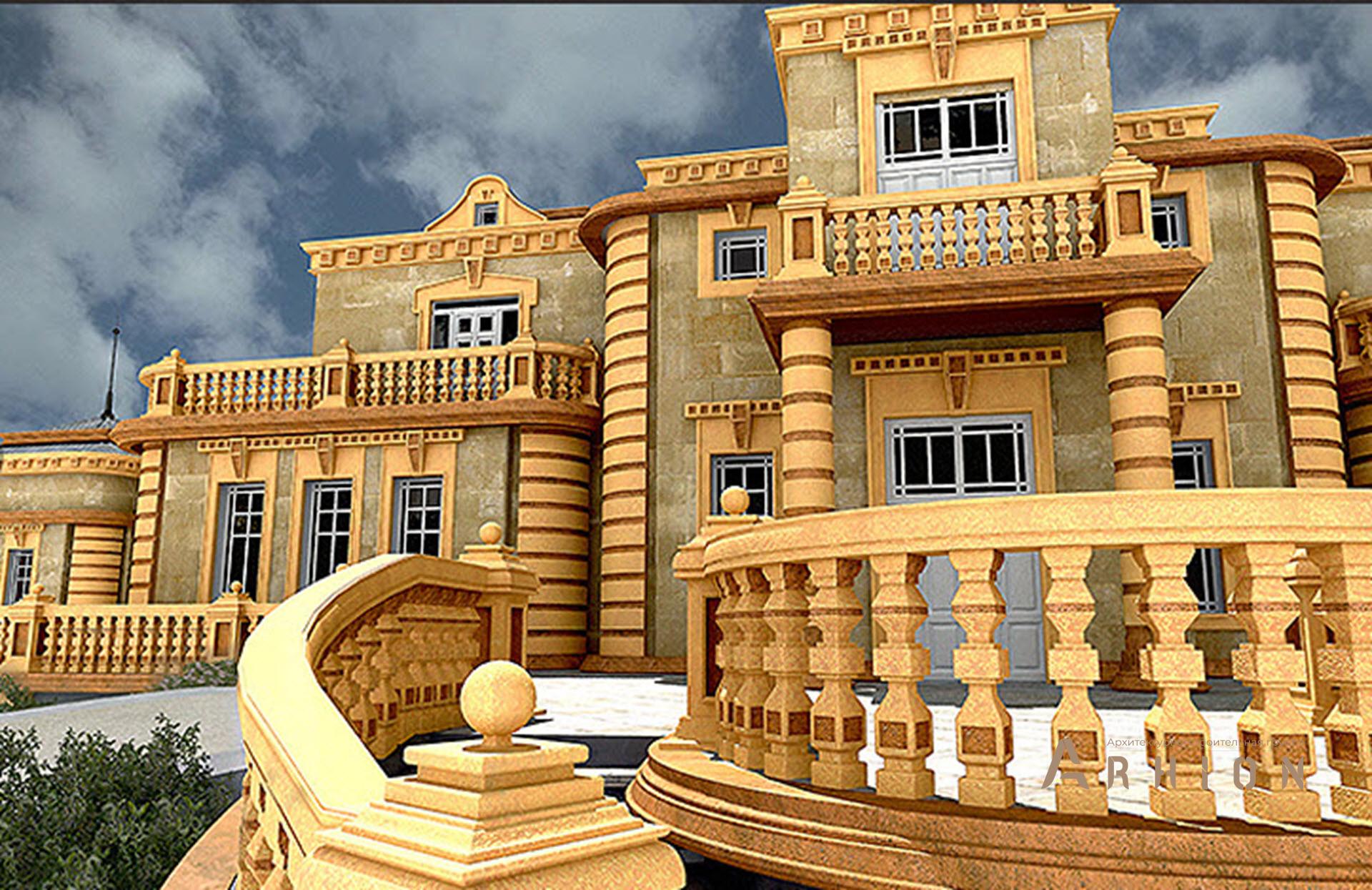 5. Проект двухэтажного дома в замковом стиле с многоскатной кровлей, SOV-9, площадью - 959 кв c цокольным этажом, сауной, терассой, балконом